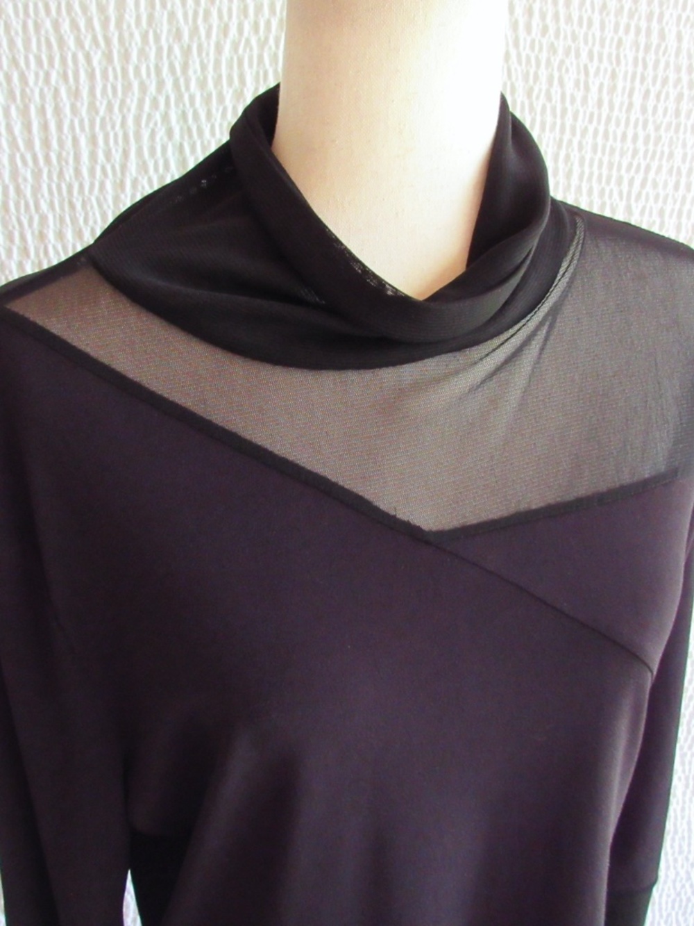 Sexy Classy Sheer Inset Top Solid Black L XL Evening Shirt Long Sleeve